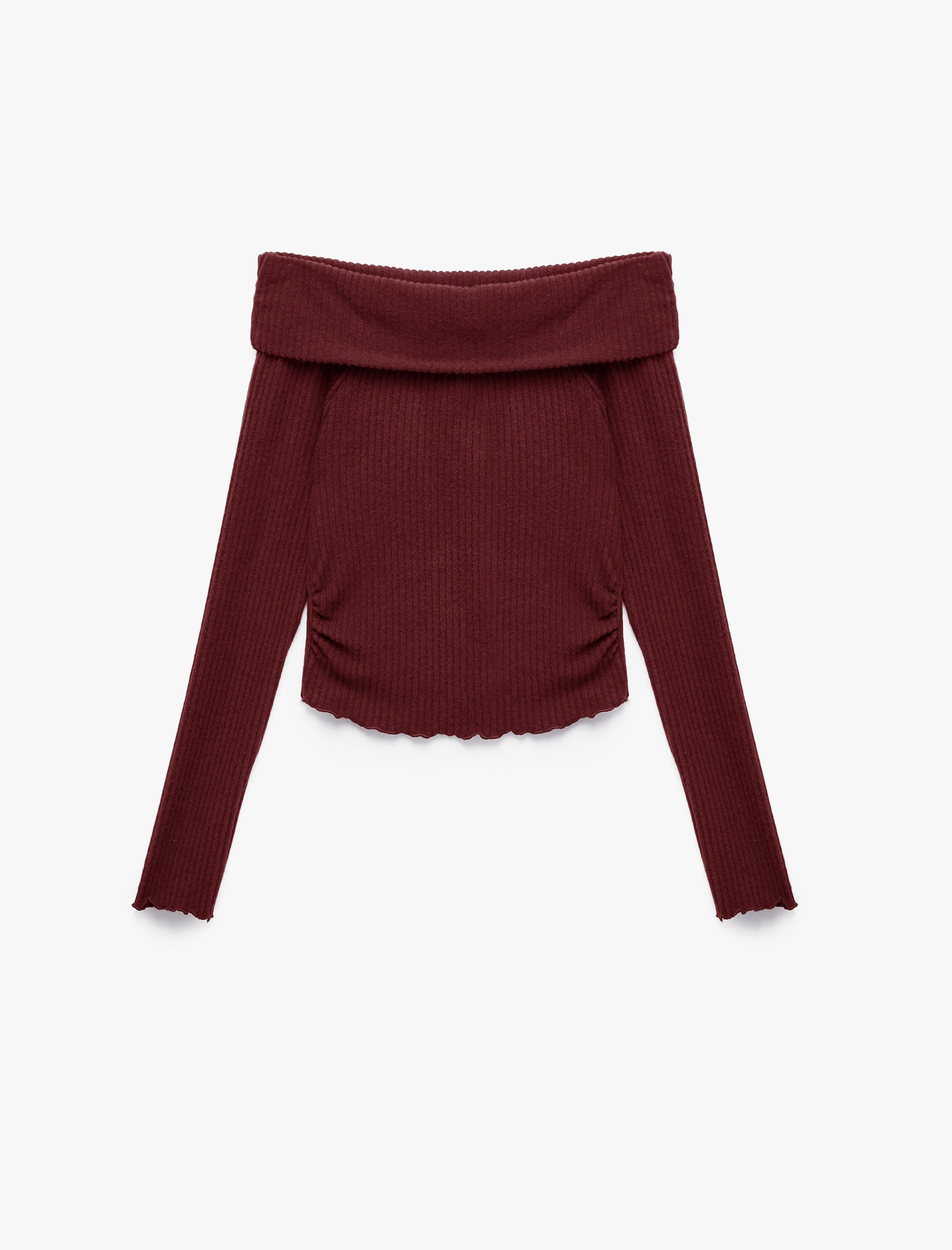   Büzgü Detaylı Slim Fit Kaşkorse Omzu Açık Uzun Kollu Tişört