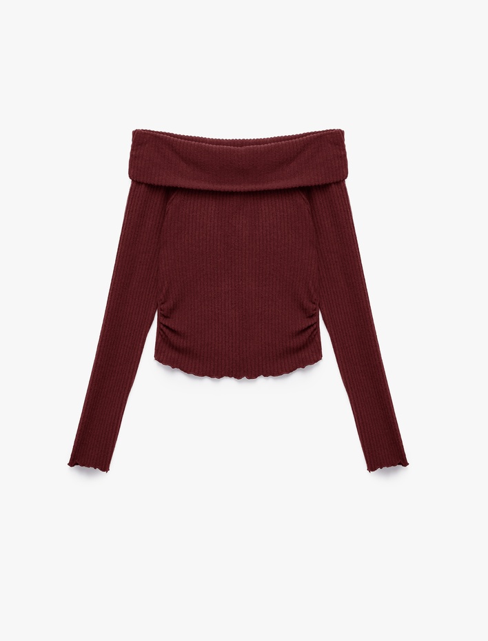  Büzgü Detaylı Slim Fit Kaşkorse Omzu Açık Uzun Kollu Tişört