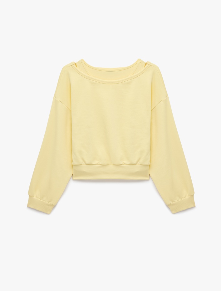  Rahat Kalıp Pamuklu İkili Katmanlı Ribanalı Kayık Yaka Uzun Kollu Sweatshirt