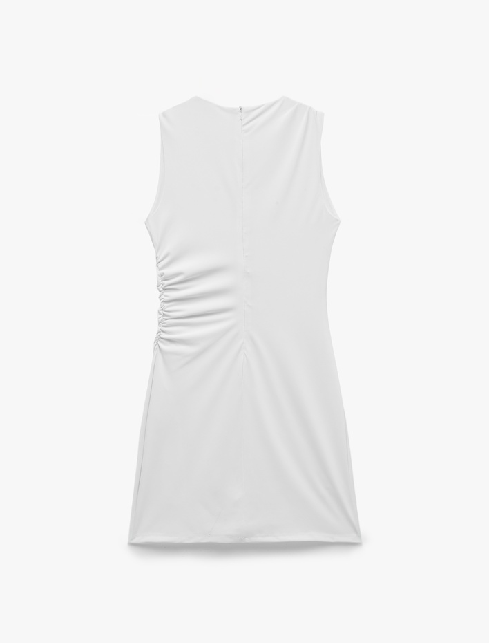  Slim Fit Drapeli Bisiklet Yaka Kolsuz Bodycon Mini Elbise
