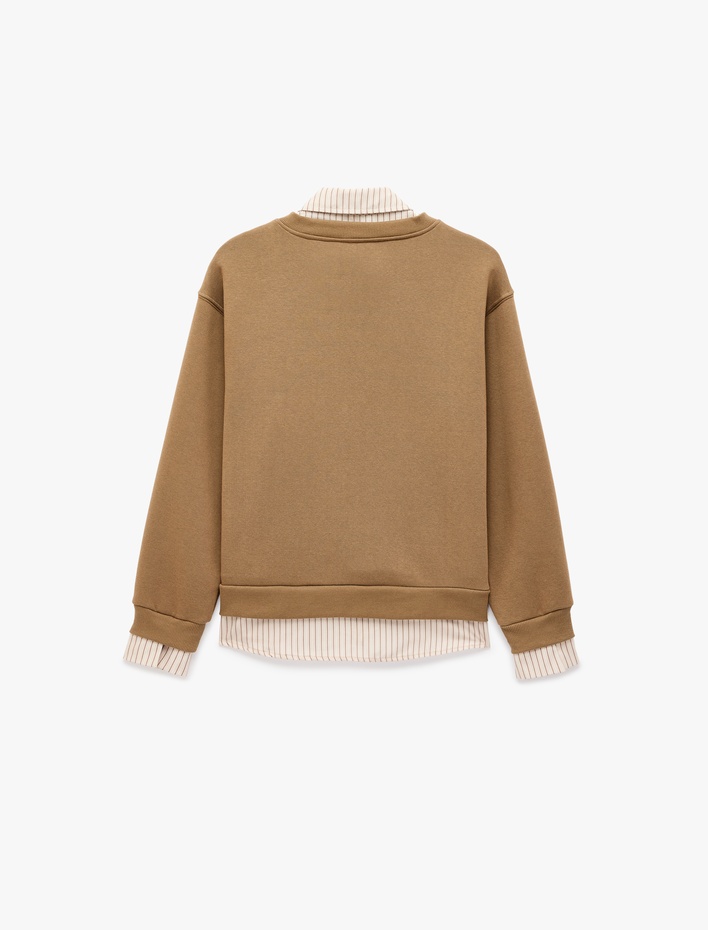  Şardonlu İşlemeli Rahat Kalıp Katmanlı Çizgili Gömlek Yakalı Uzun Kollu Sweatshirt