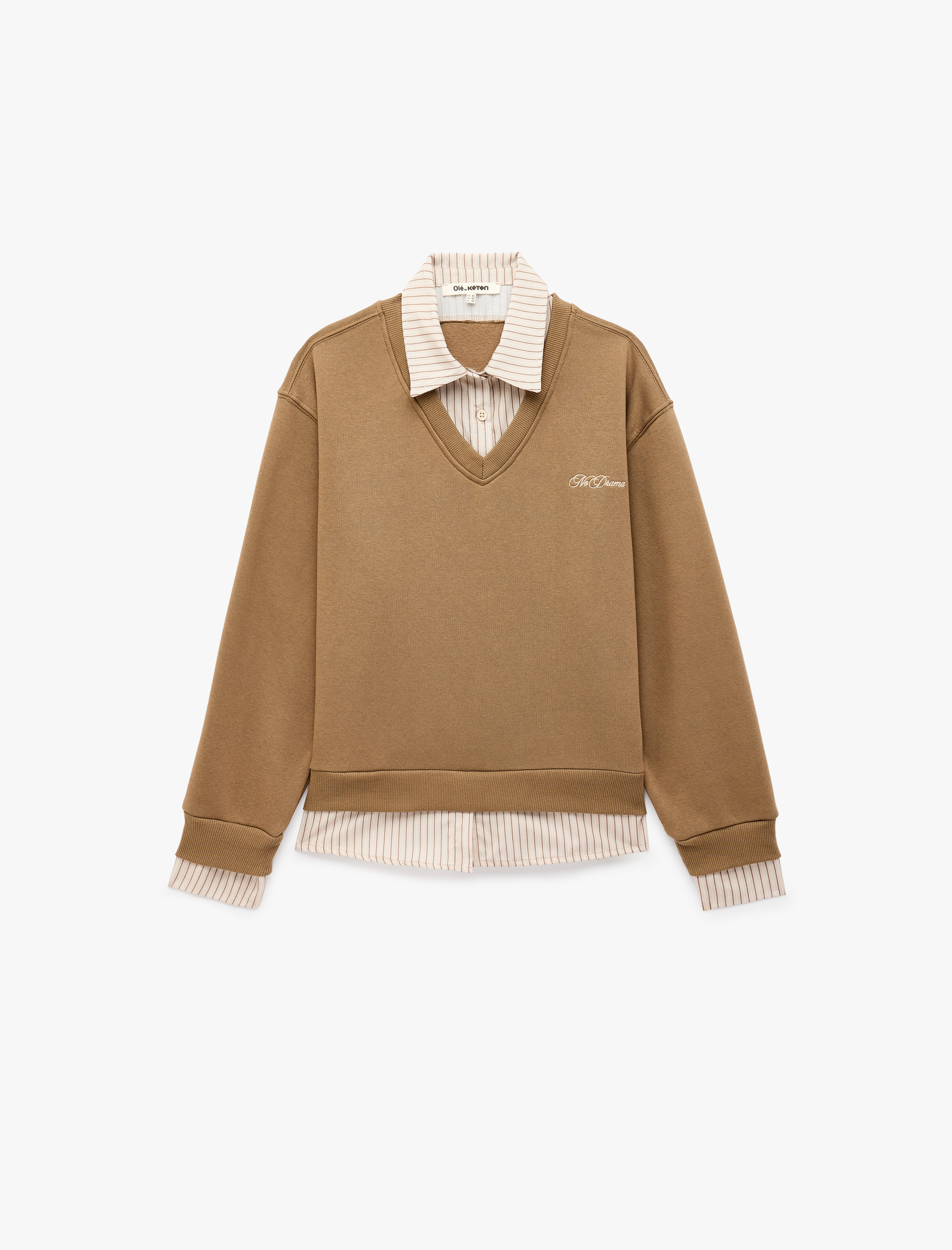   Şardonlu İşlemeli Rahat Kalıp Katmanlı Çizgili Gömlek Yakalı Uzun Kollu Sweatshirt