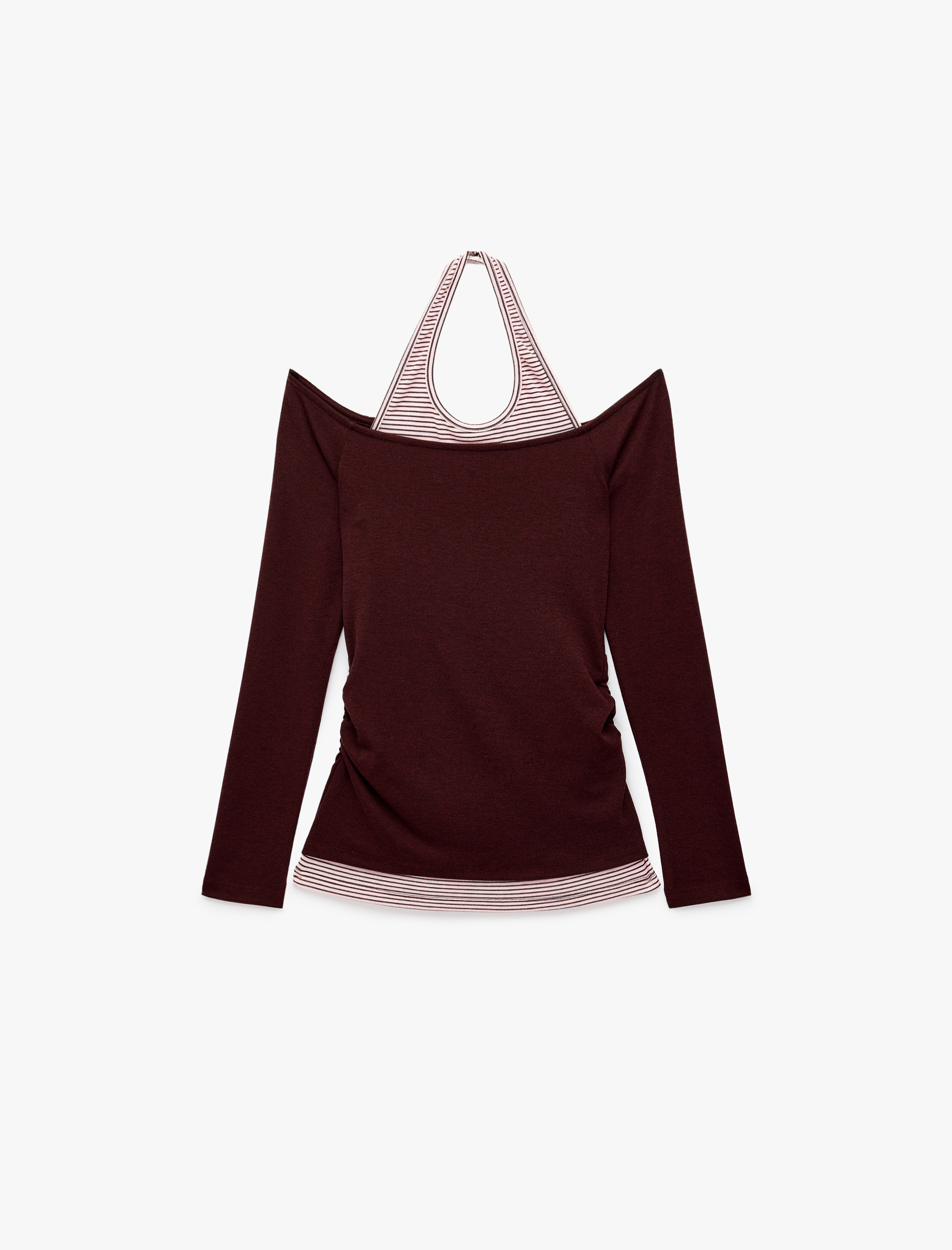   Slim Fit Viskon Karışımlı Halter Yaka Uzun Kollu İkili Tişört