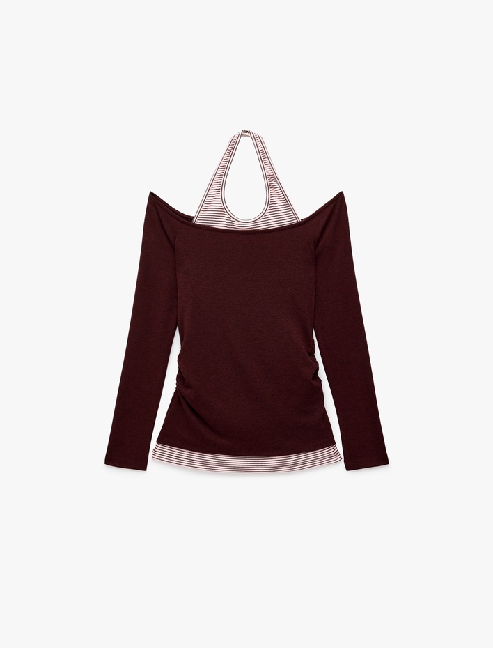  Slim Fit Viskon Karışımlı Halter Yaka Uzun Kollu İkili Tişört