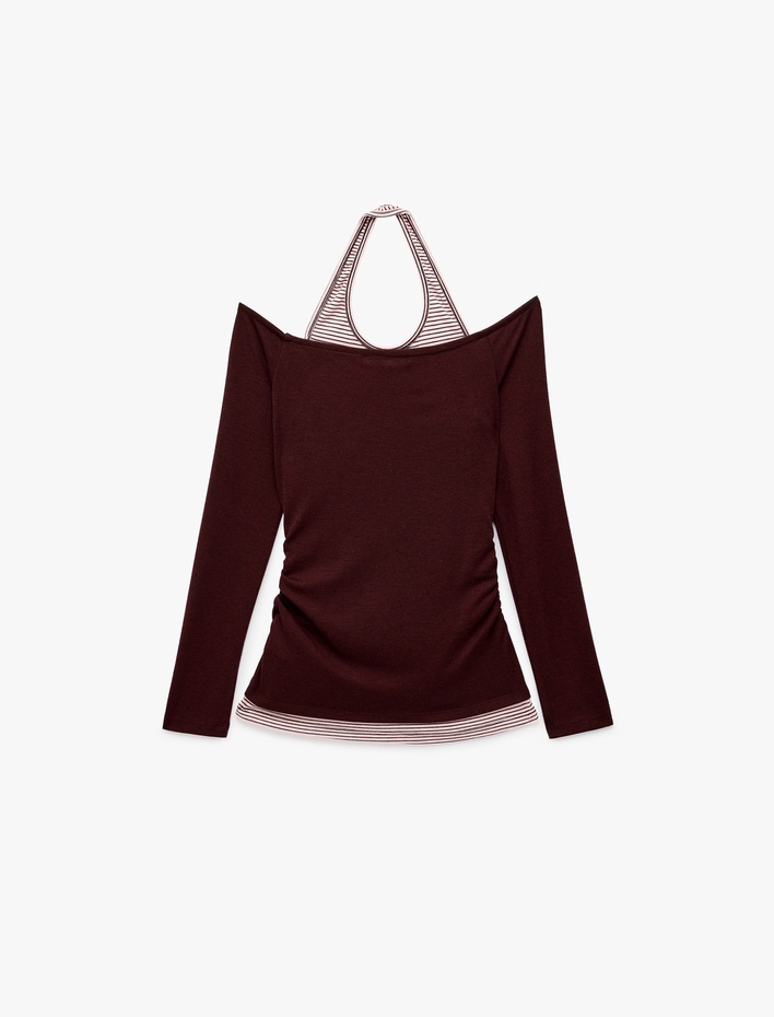  Slim Fit Viskon Karışımlı Halter Yaka Uzun Kollu İkili Tişört