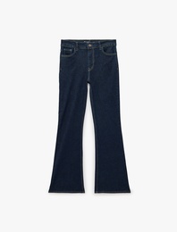 Düğmeli Yüksek Bel Dar Kesim Pamuklu İspanyol Paça Denim Pantolon - Flare Jeans