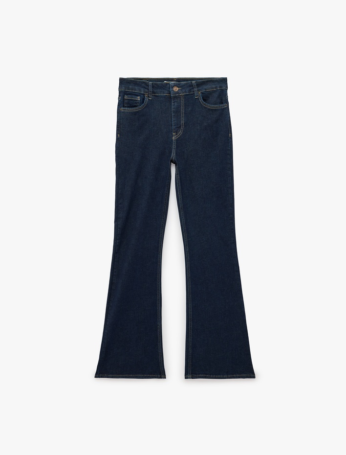 Düğmeli Yüksek Bel Dar Kesim Pamuklu İspanyol Paça Denim Pantolon - Flare Jeans