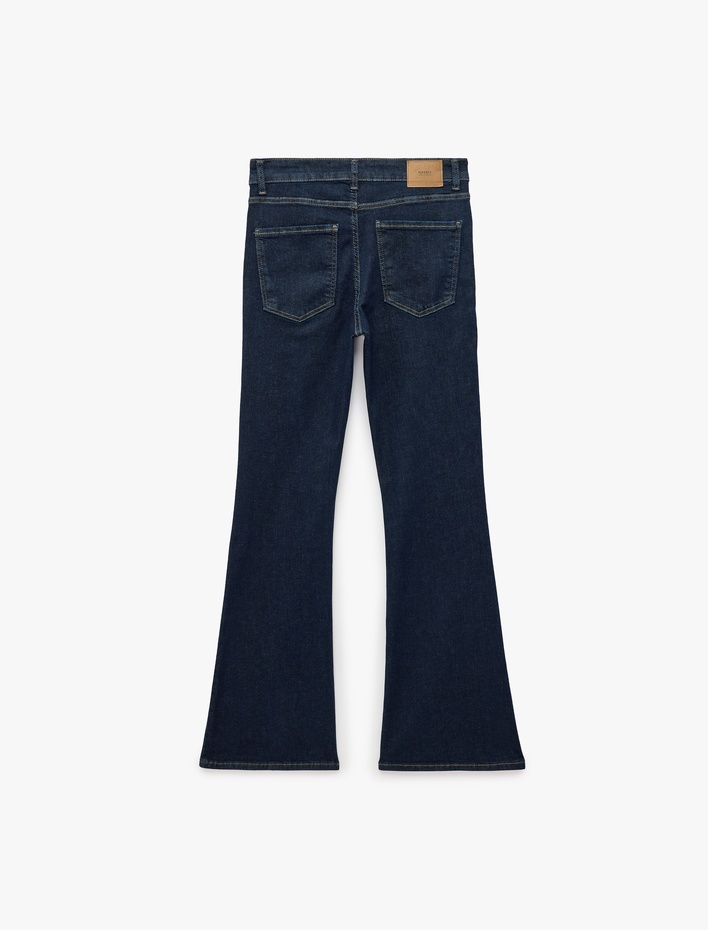  Düğmeli Yüksek Bel Dar Kesim Pamuklu İspanyol Paça Denim Pantolon - Flare Jeans