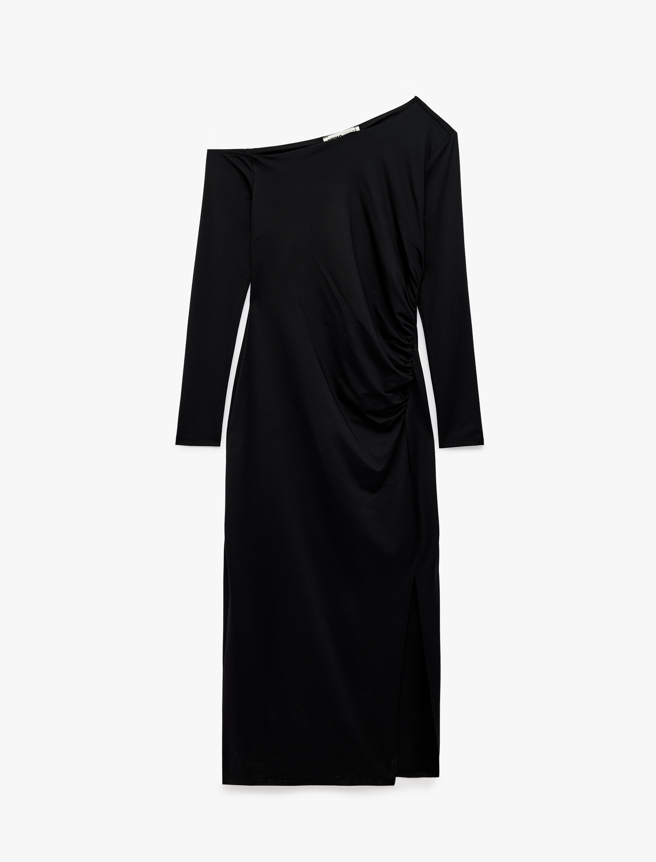   Yırtmaç Detaylı Büzgülü Slim Fit Uzun Kollu Asimetrik Kayık Yaka Midi Elbise