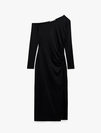 Yırtmaç Detaylı Büzgülü Slim Fit Uzun Kollu Asimetrik Kayık Yaka Midi Elbise