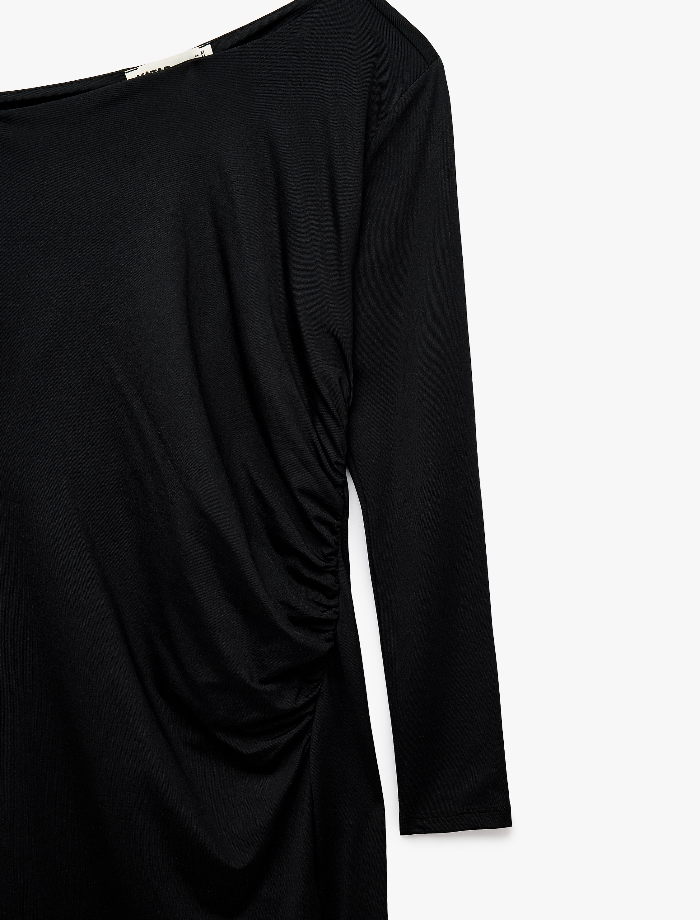   Yırtmaç Detaylı Büzgülü Slim Fit Uzun Kollu Asimetrik Kayık Yaka Midi Elbise