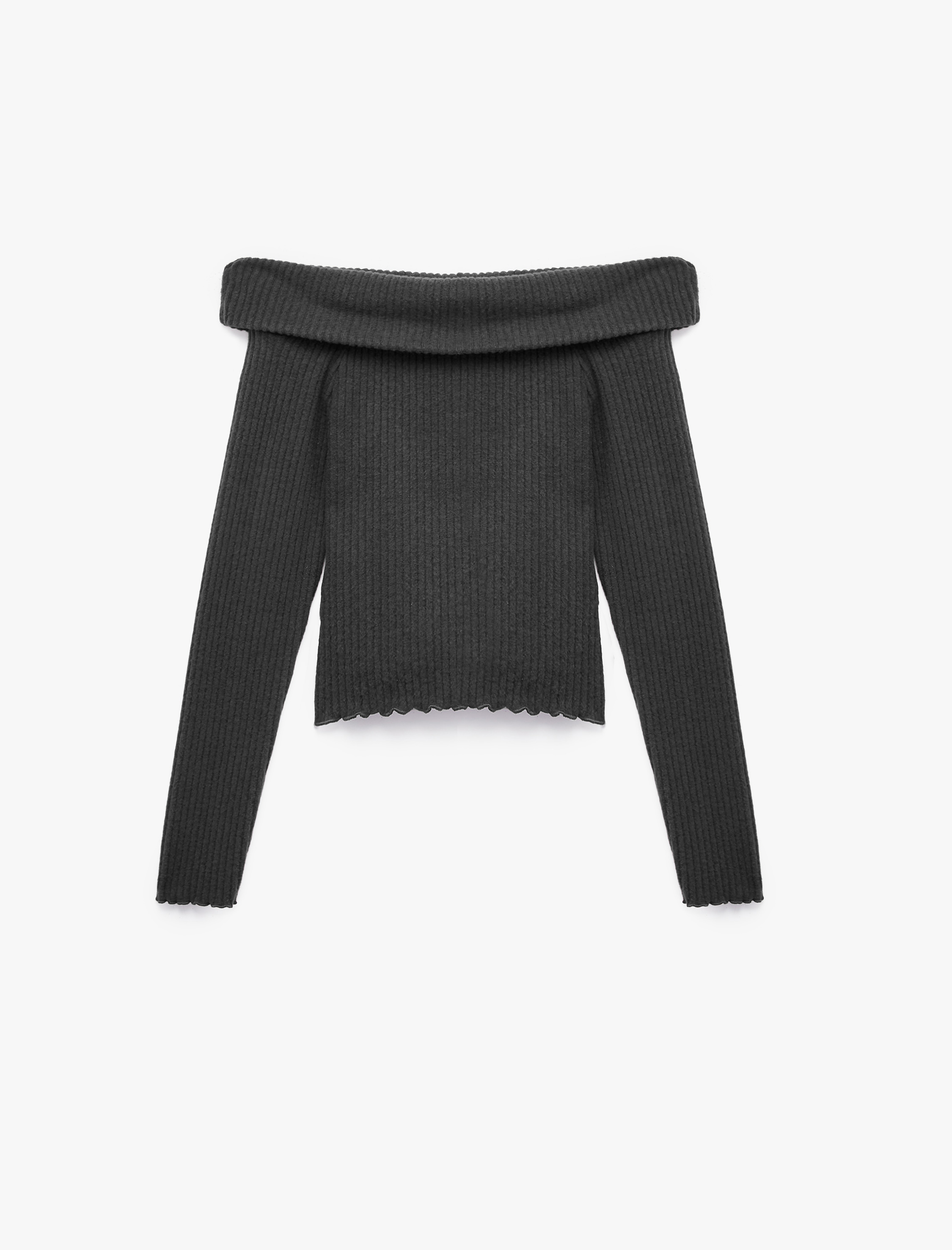   Büzgü Detaylı Slim Fit Kaşkorse Omzu Açık Uzun Kollu Tişört