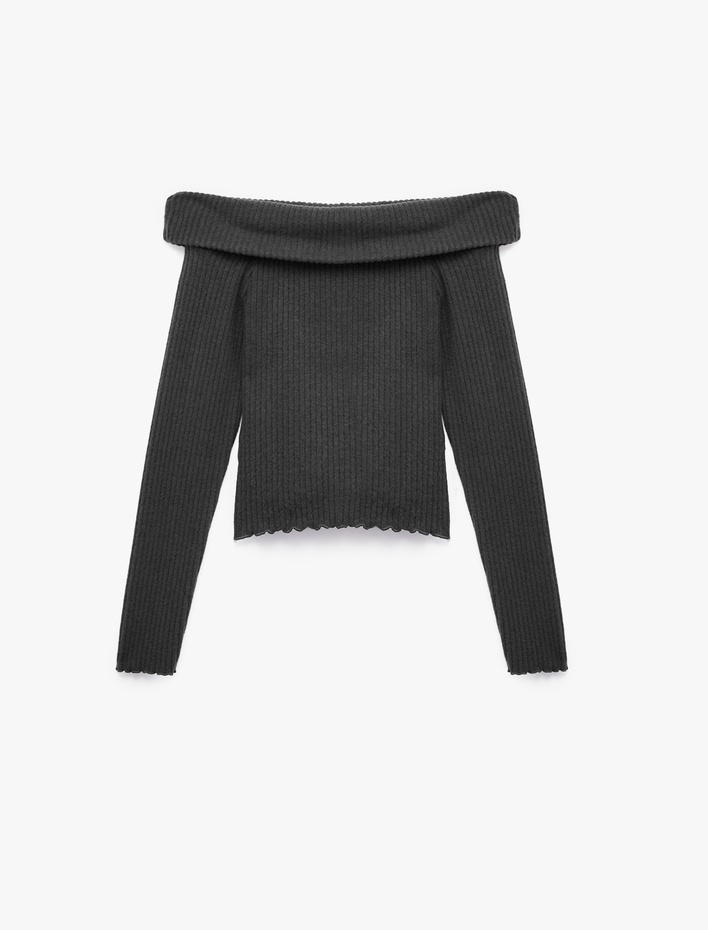  Büzgü Detaylı Slim Fit Kaşkorse Omzu Açık Uzun Kollu Tişört
