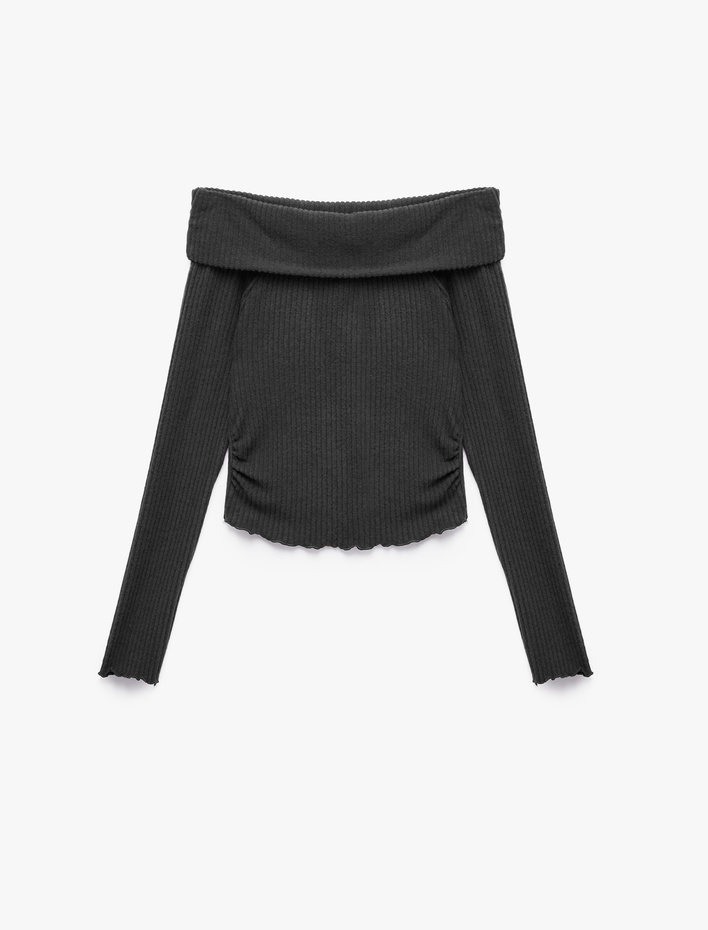  Büzgü Detaylı Slim Fit Kaşkorse Omzu Açık Uzun Kollu Tişört