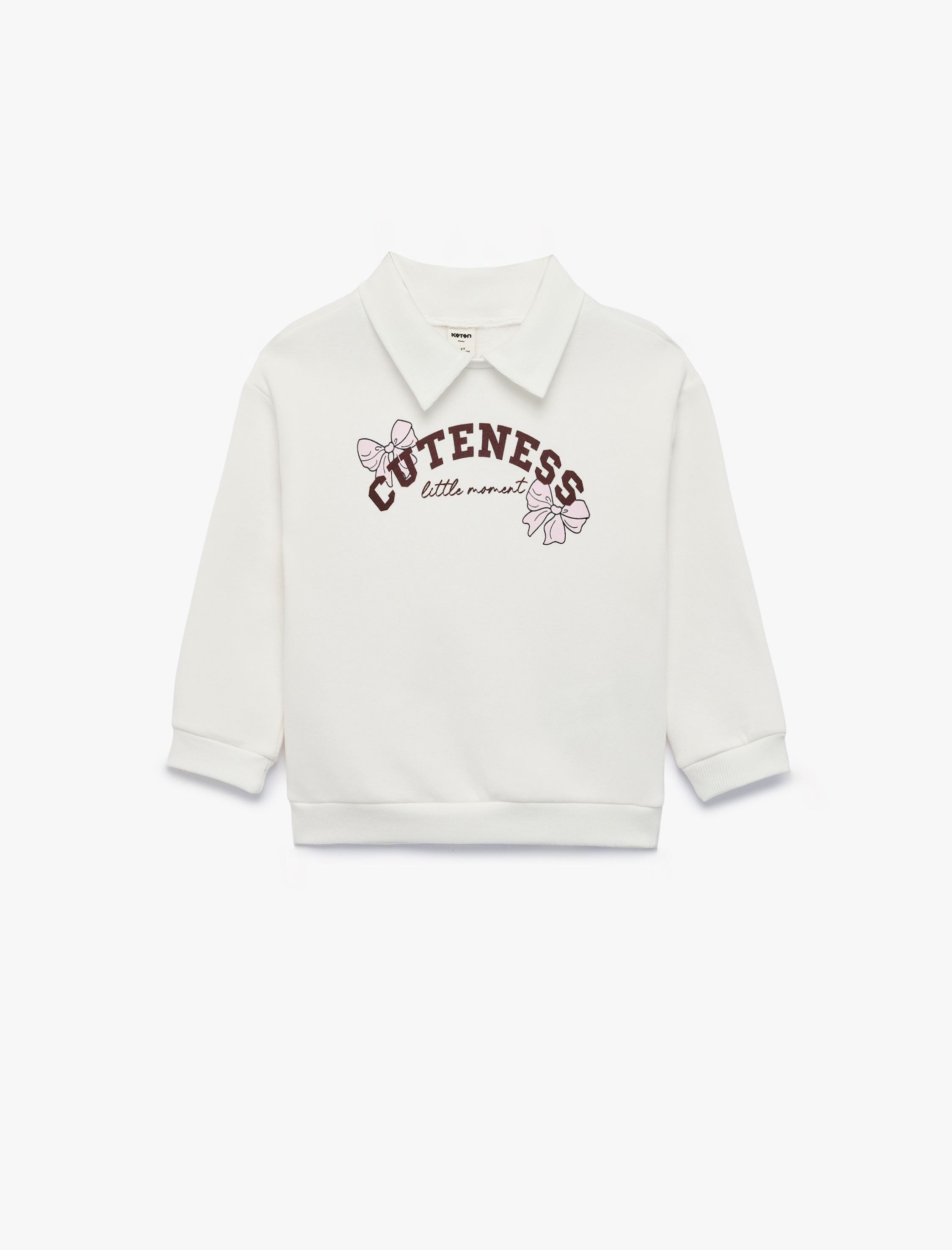  Kız Bebek Uzun Kollu Üç İplik Şardonlu Fiyonk Baskılı Polo Yaka Sweatshirt