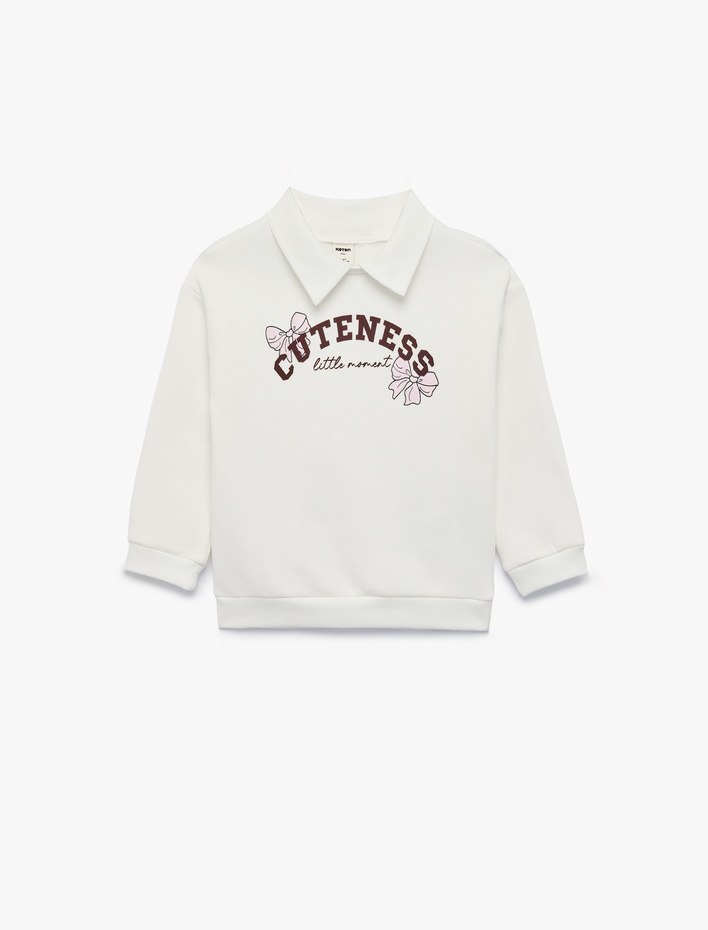 Kız Bebek Uzun Kollu Üç İplik Şardonlu Fiyonk Baskılı Polo Yaka Sweatshirt