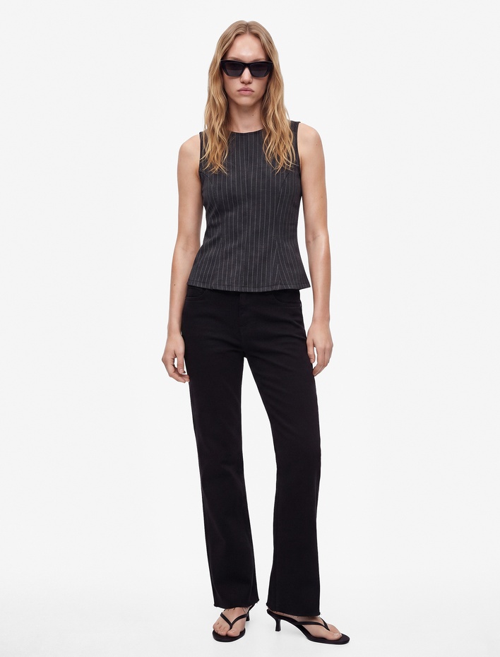 Viskon Karışımlı Slim Fit Bisiklet Yaka Çizgili Kolsuz Korse Görünümlü Bluz
