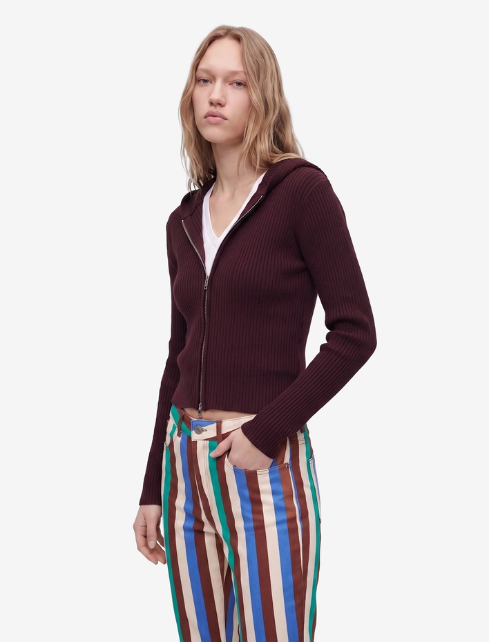  Viskon Slim Fit Uzun Kollu Fermuarlı Kapüşonlu Triko Kazak