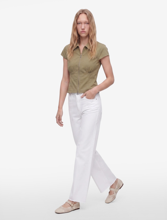  Kısa Kollu Klasik Yaka Fermuarlı Slim Fit Crop Korse Bluz