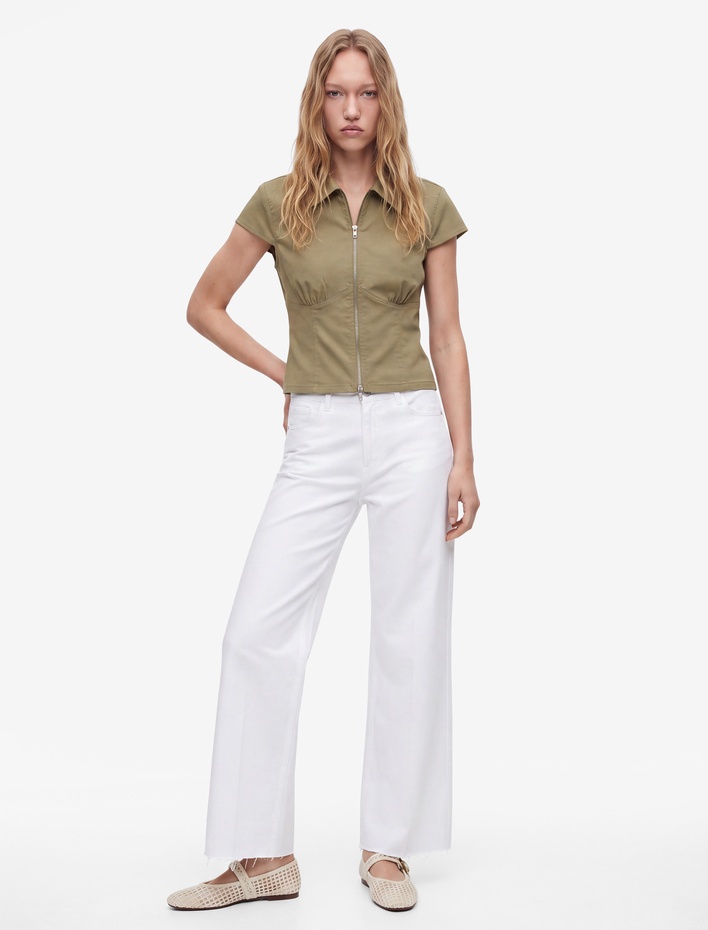  Kısa Kollu Klasik Yaka Fermuarlı Slim Fit Crop Korse Bluz