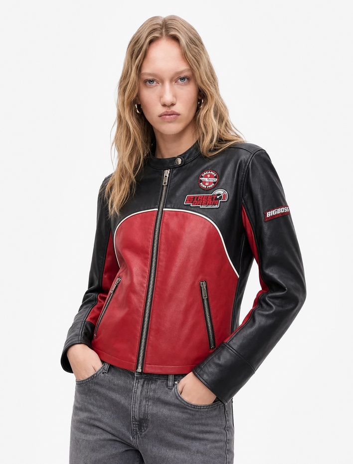  Suni Deri Uzun Kollu Fermuarlı Baskılı Biker Crop Motorcu Ceketi