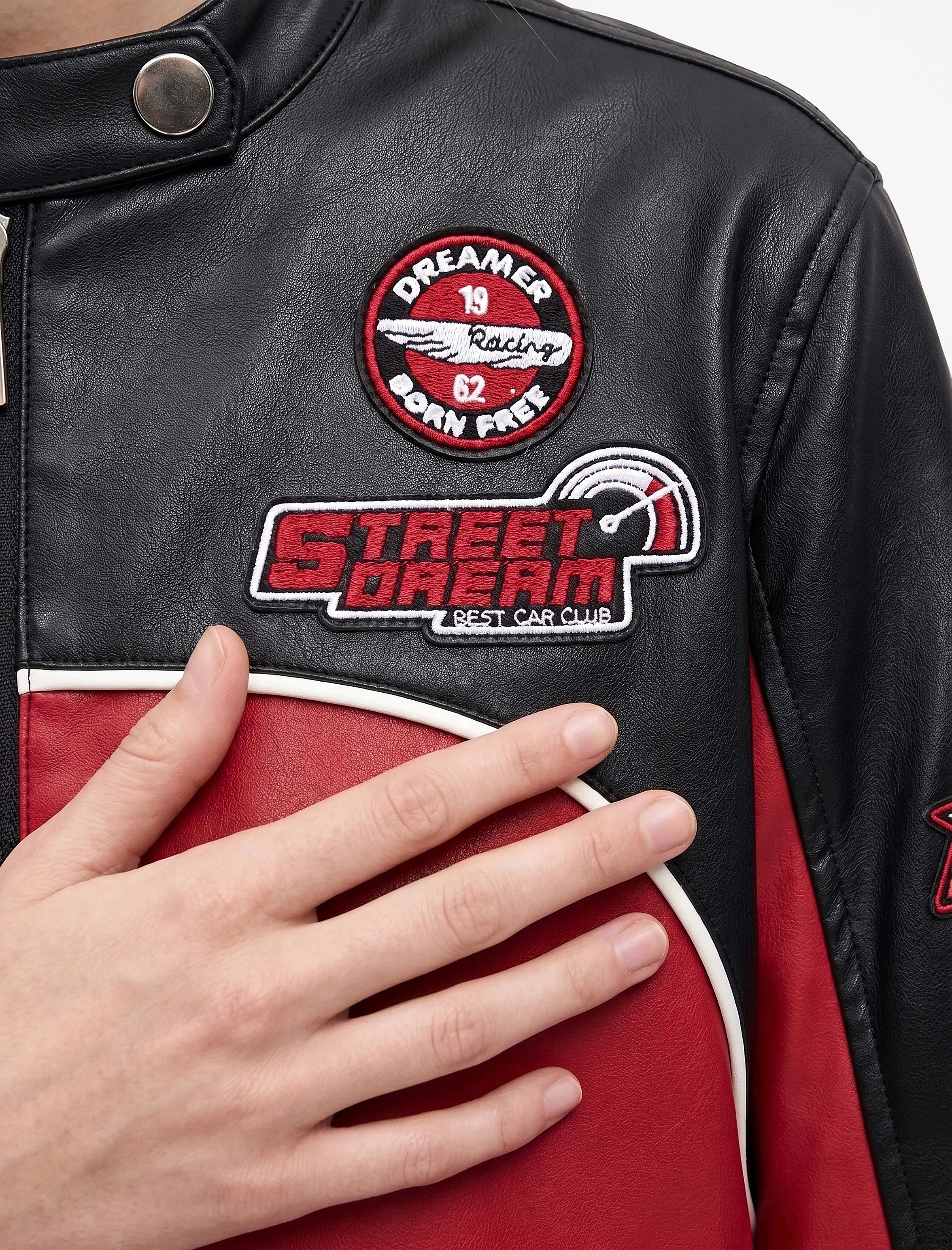   Suni Deri Uzun Kollu Fermuarlı Baskılı Biker Crop Motorcu Ceketi