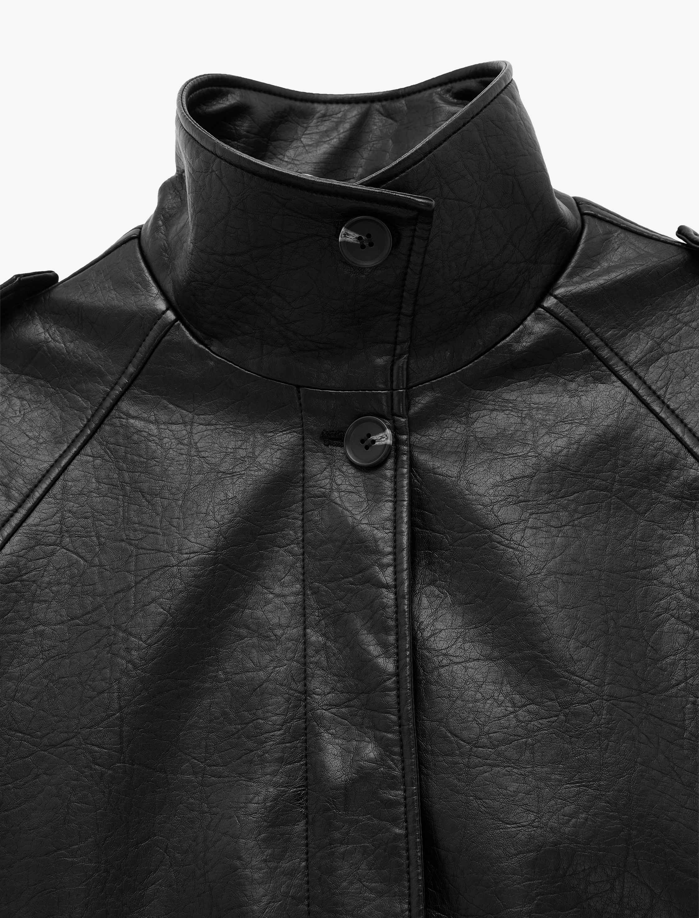   Dik Yaka Reglan Kol Çıtçıtlı Uzun Suni Deri Ceket