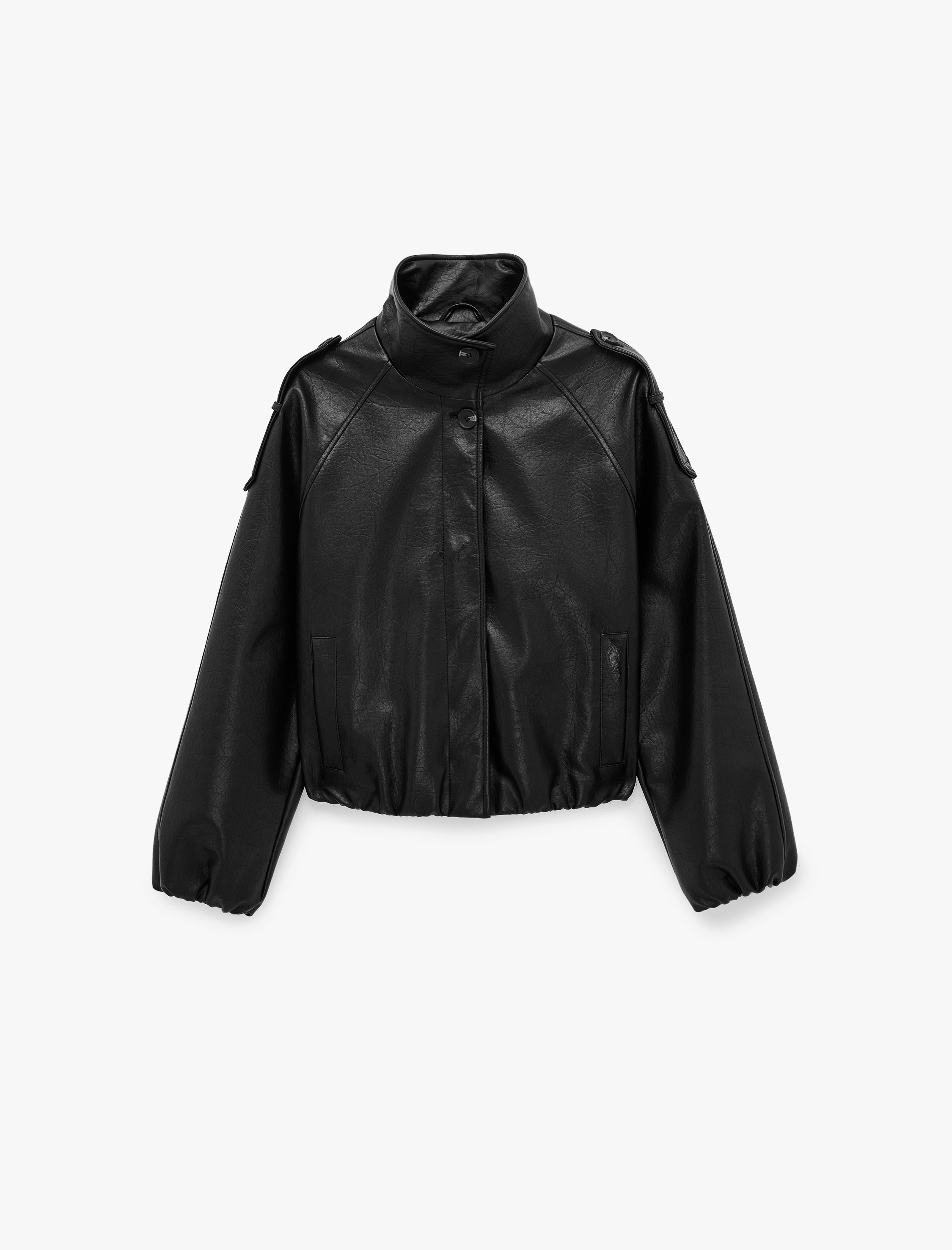   Dik Yaka Reglan Kol Çıtçıtlı Uzun Suni Deri Ceket