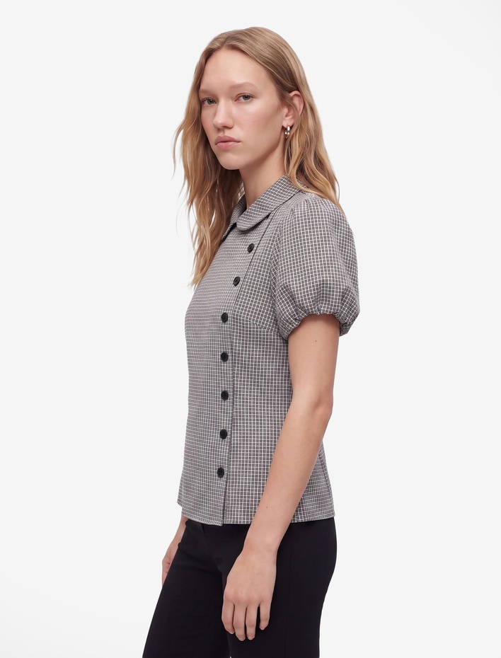  Slim Fit Bebe Yaka Kısa Balon Kollu Pötikareli Gömlek
