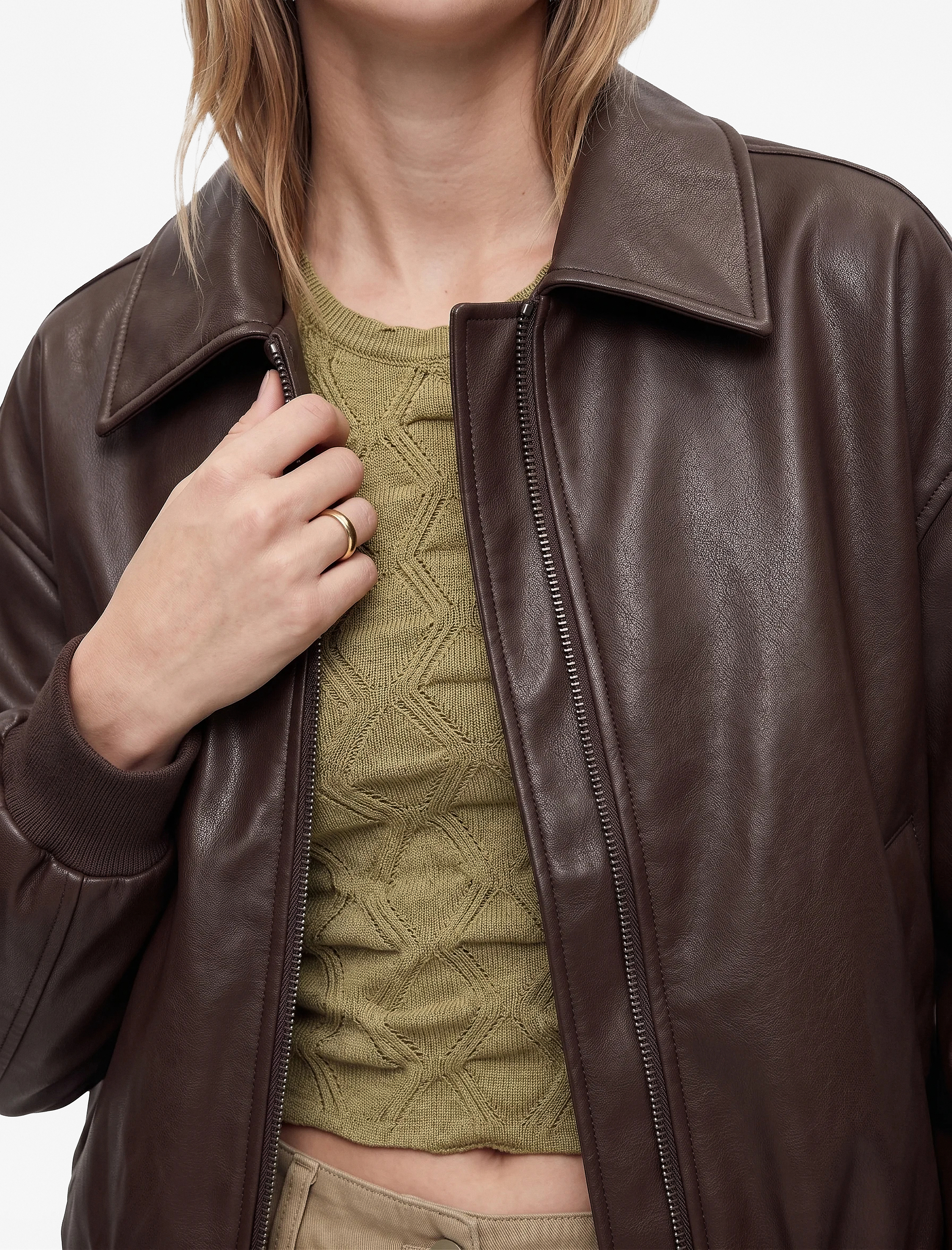   Fermuarlı Klasik Yaka Suni Deri Crop Bomber Ceket
