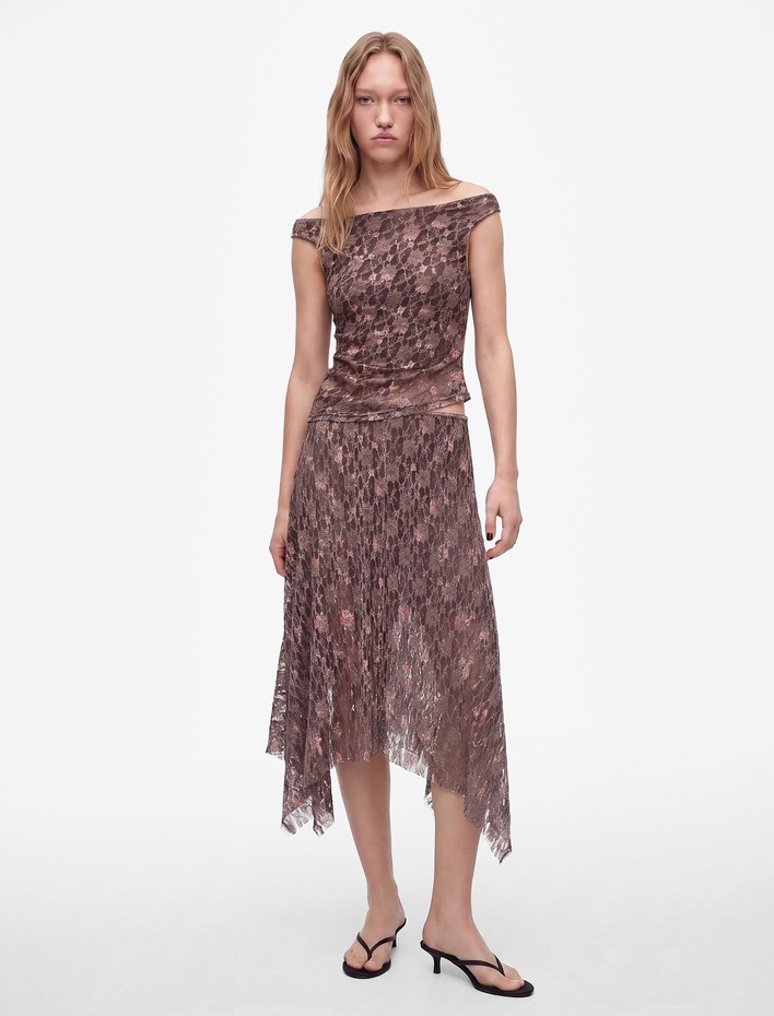  Slim Fit Asimetrik Dantelli Midi Etek