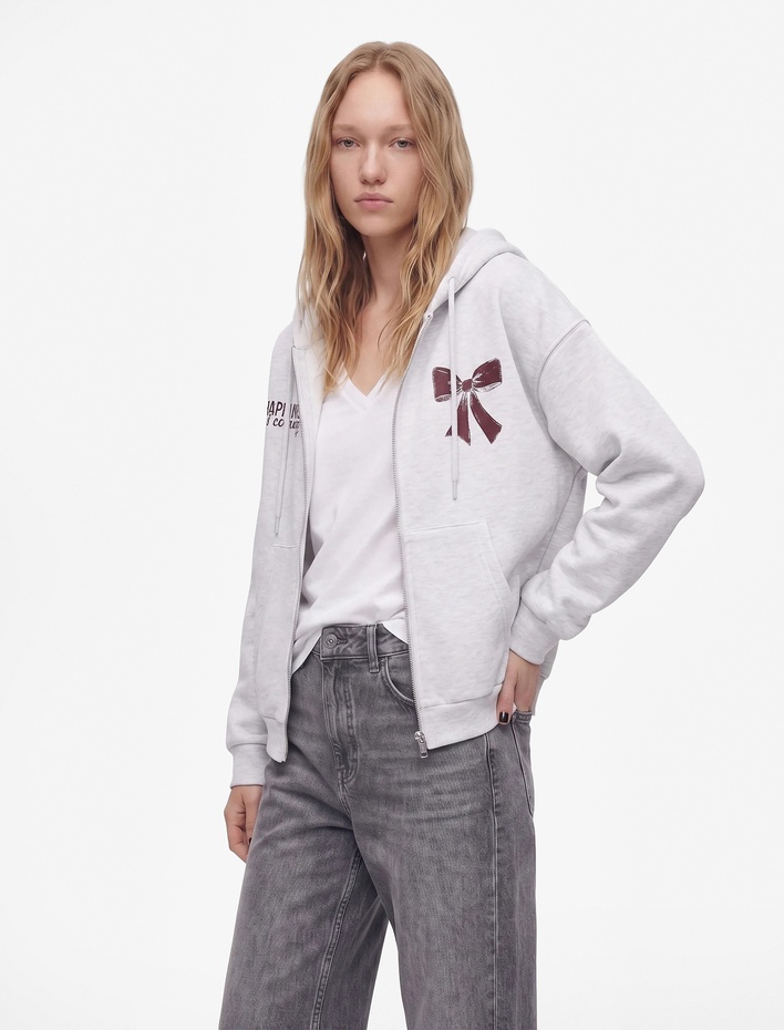 Şardonlu Rahat Kalıp Kanguru Cepli Kapüşonlu Fermuarlı Fiyonk Baskılı Sweatshirt
