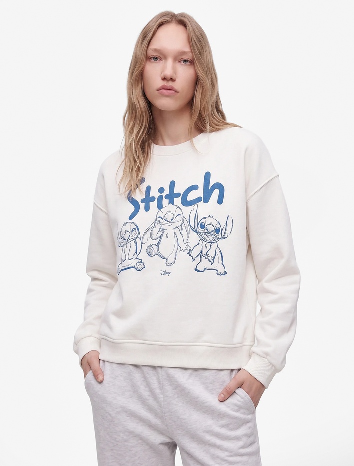  Stitch Lisanslı Baskılı Rahat Kalıp Şardonlu Bisiklet Yaka Uzun Kollu Sweatshirt