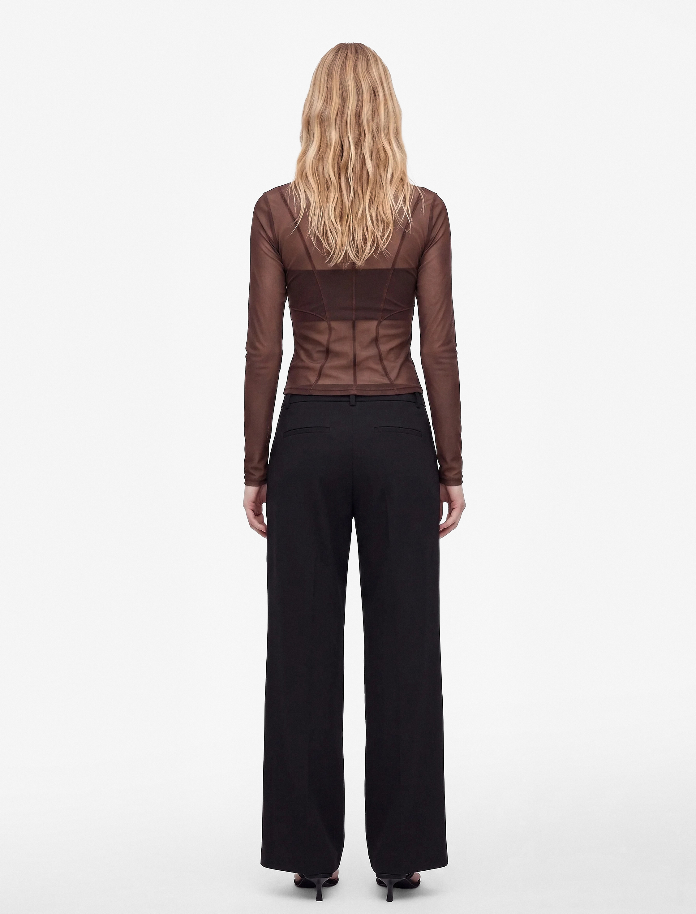   Slim Fit Dikiş Detaylı Dik Yaka Uzun Kollu Tül Tişört