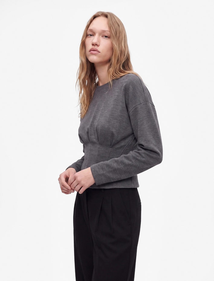  Slim Fit Uzun Kollu Bisiklet Yaka Korse Detaylı Tişört