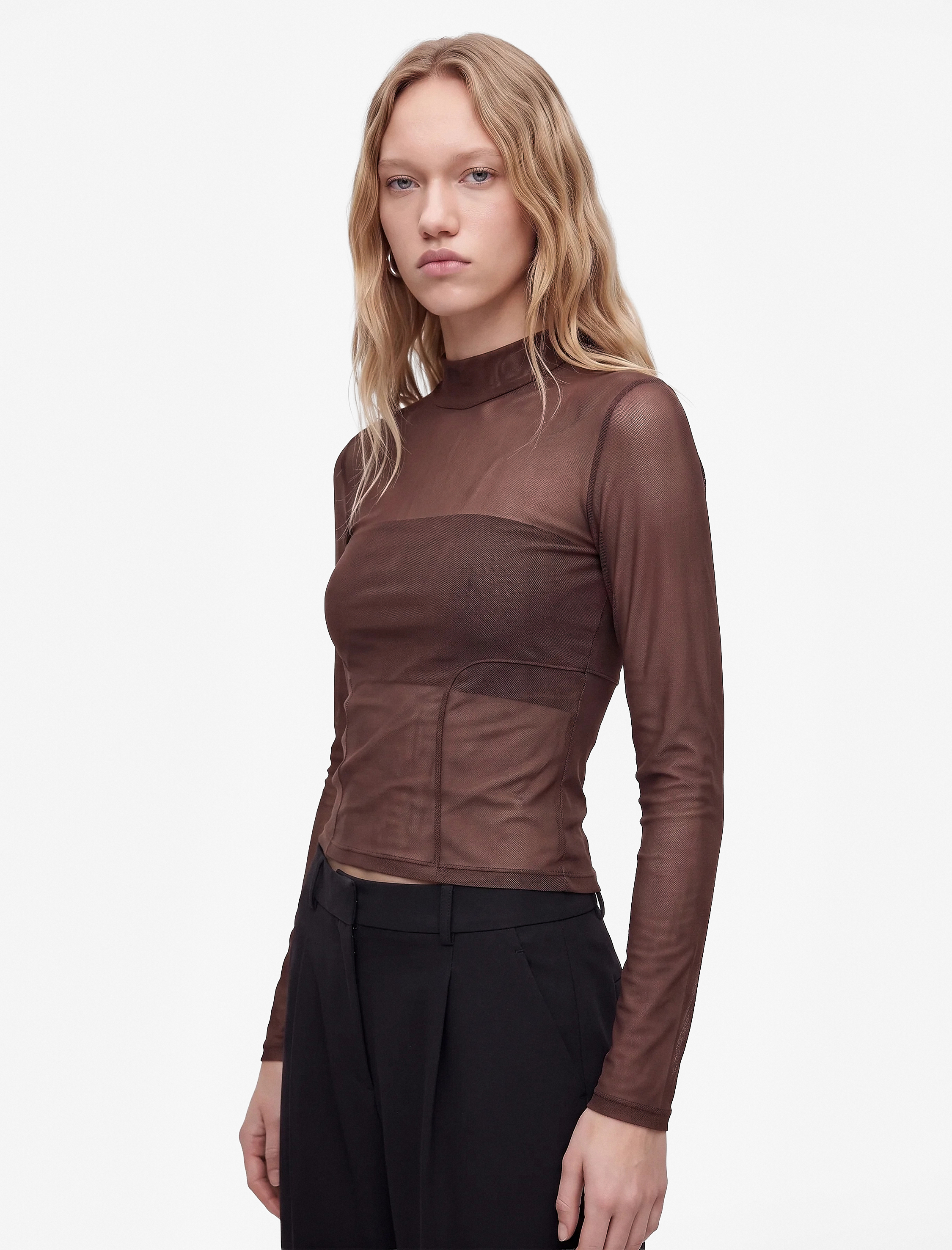   Slim Fit Dikiş Detaylı Dik Yaka Uzun Kollu Tül Tişört