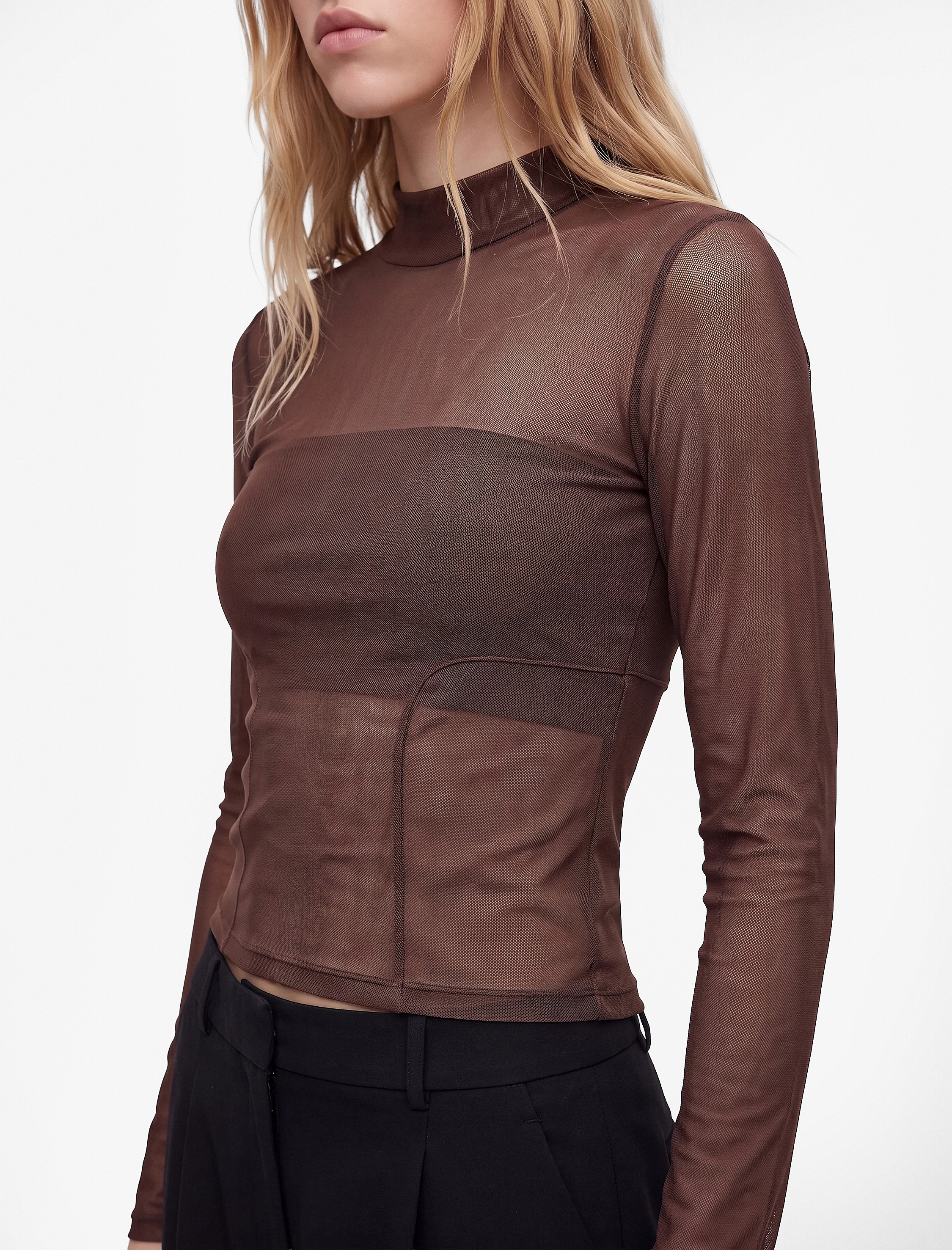   Slim Fit Dikiş Detaylı Dik Yaka Uzun Kollu Tül Tişört