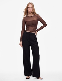 Slim Fit Dikiş Detaylı Dik Yaka Uzun Kollu Tül Tişört