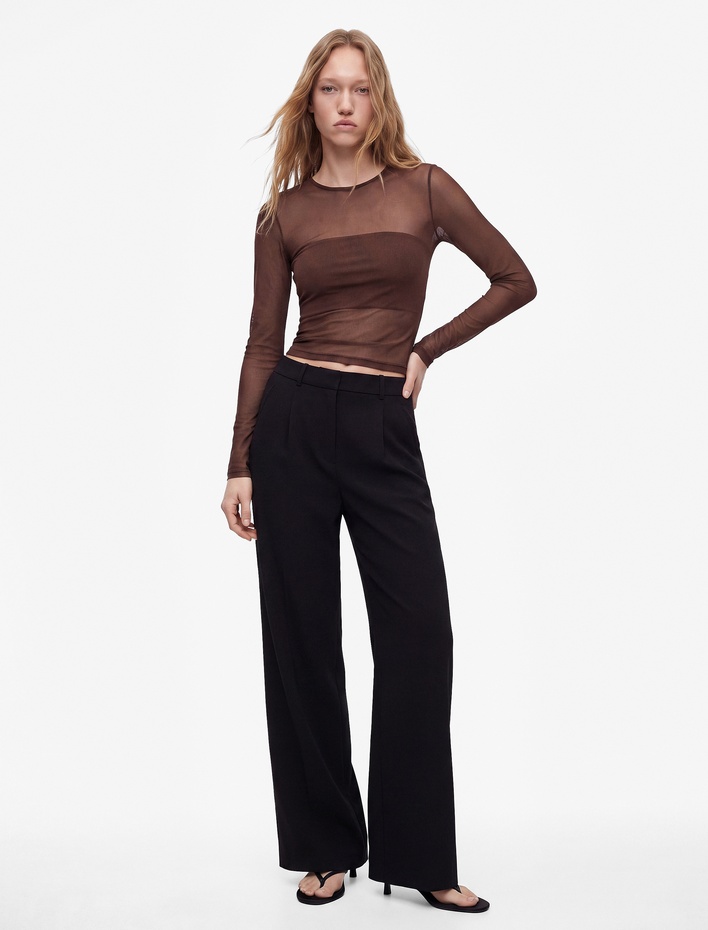  Slim Fit Dikiş Detaylı Dik Yaka Uzun Kollu Tül Tişört