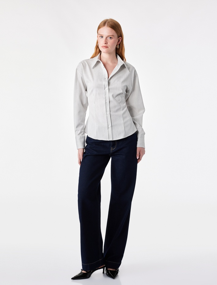  Klasik Yaka Slim Fit Çizgili Uzun Kollu Gömlek