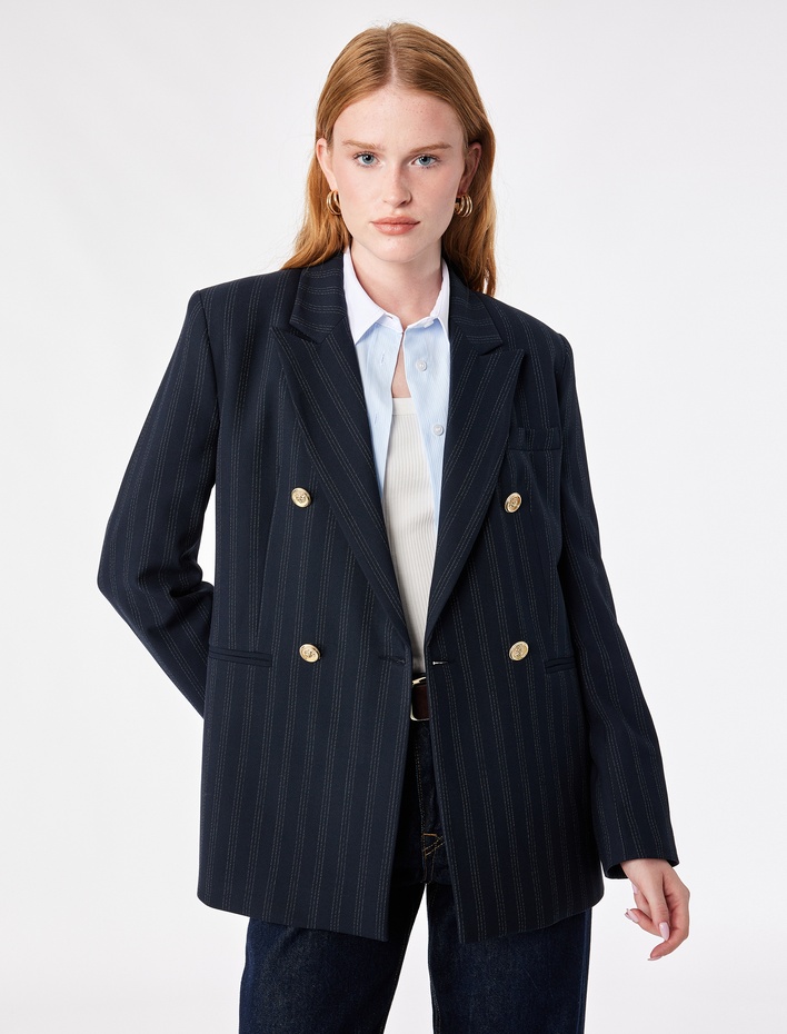  Kruvaze Yaka Uzun Kollu Düğmeli Çift Cepli Çizgili Oversize Blazer Ceket