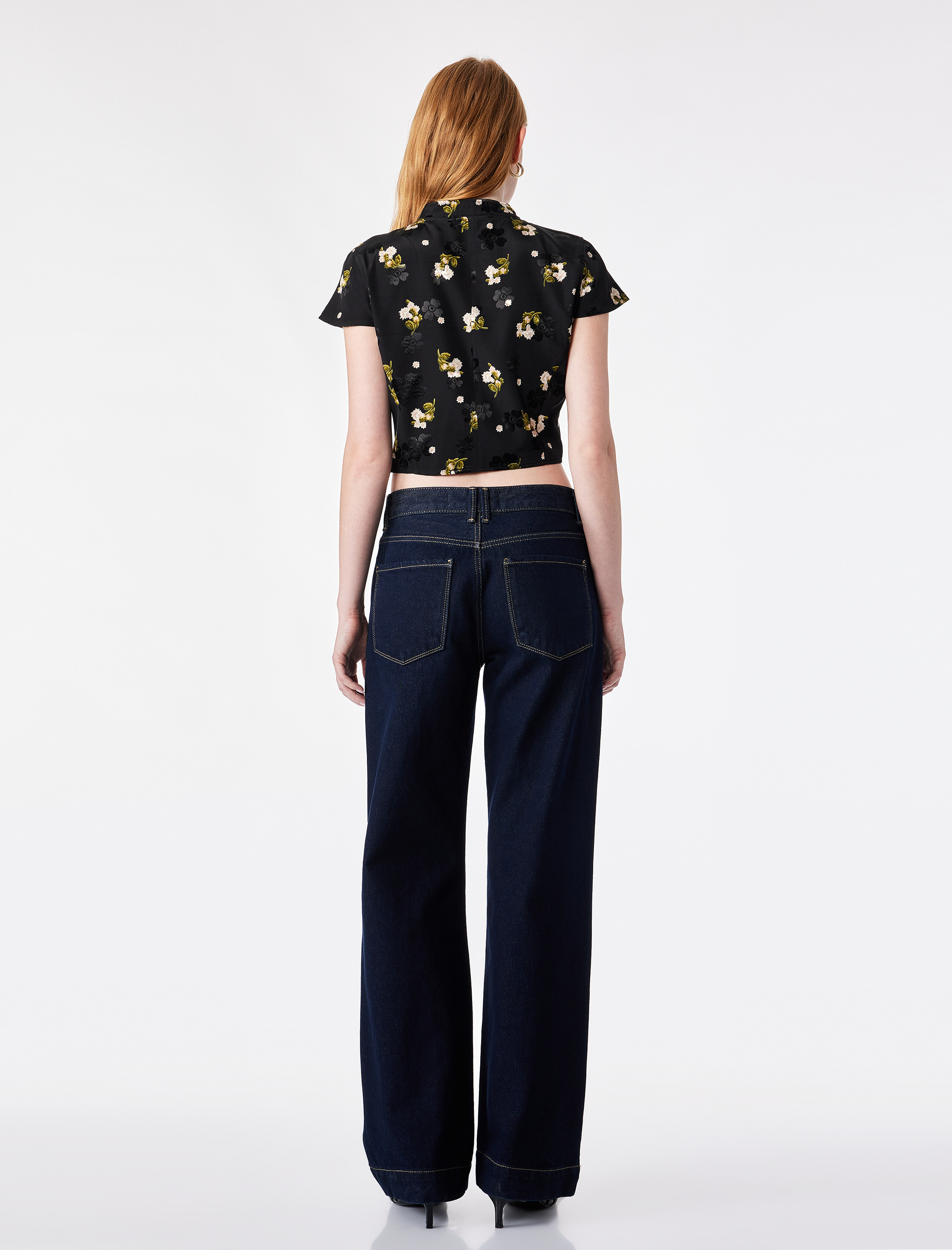   Süslü Düğmeli Kısa Kollu Çiçek Desenli Dik Qipao Yaka Crop Bluz