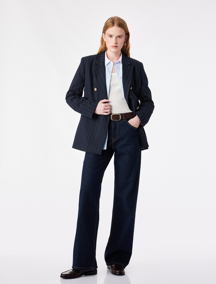  Kruvaze Yaka Uzun Kollu Düğmeli Çift Cepli Çizgili Oversize Blazer Ceket
