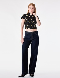 Süslü Düğmeli Kısa Kollu Çiçek Desenli Dik Qipao Yaka Crop Bluz