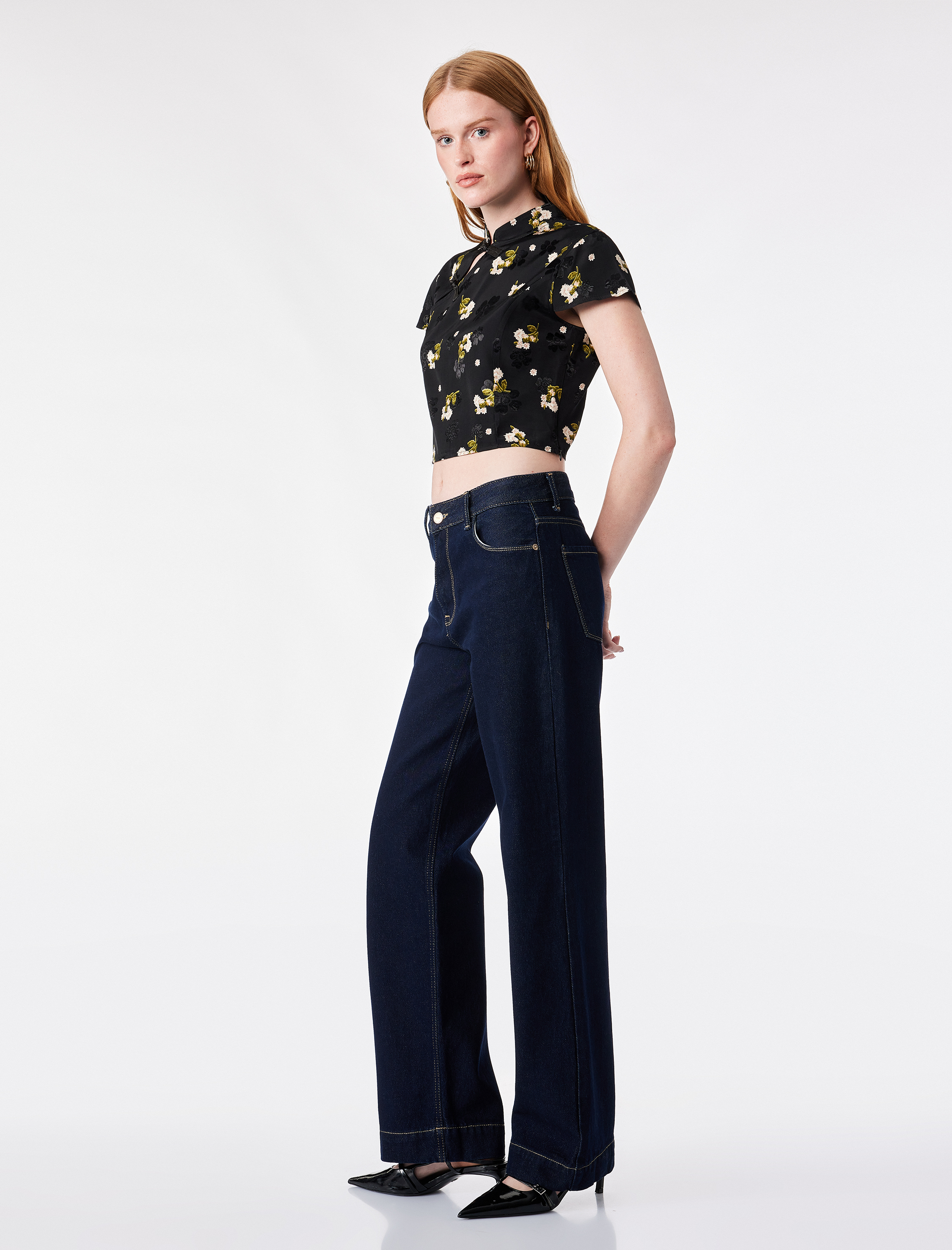   Süslü Düğmeli Kısa Kollu Çiçek Desenli Dik Qipao Yaka Crop Bluz