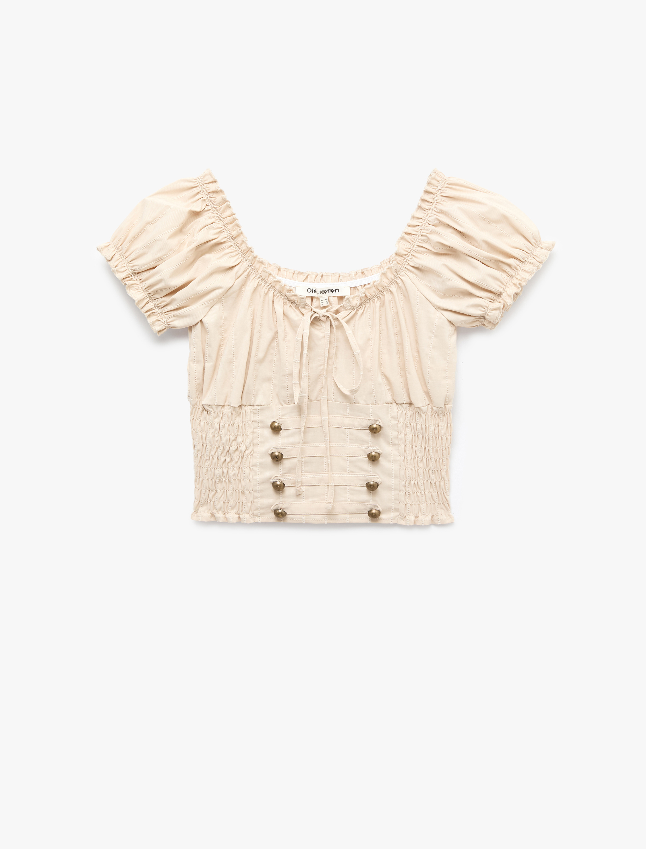   Gipeli Düğme Detaylı Slim Fit Kayık Yaka Balon Kollu Poplin Crop Bluz