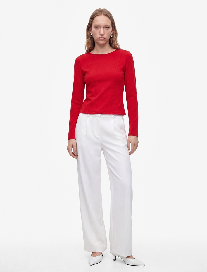  Pamuklu Slim Fit Korse Detaylı Kayık Yaka Uzun Kollu Tişört