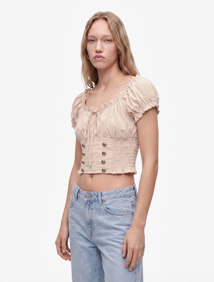  Gipeli Düğme Detaylı Slim Fit Kayık Yaka Balon Kollu Poplin Crop Bluz