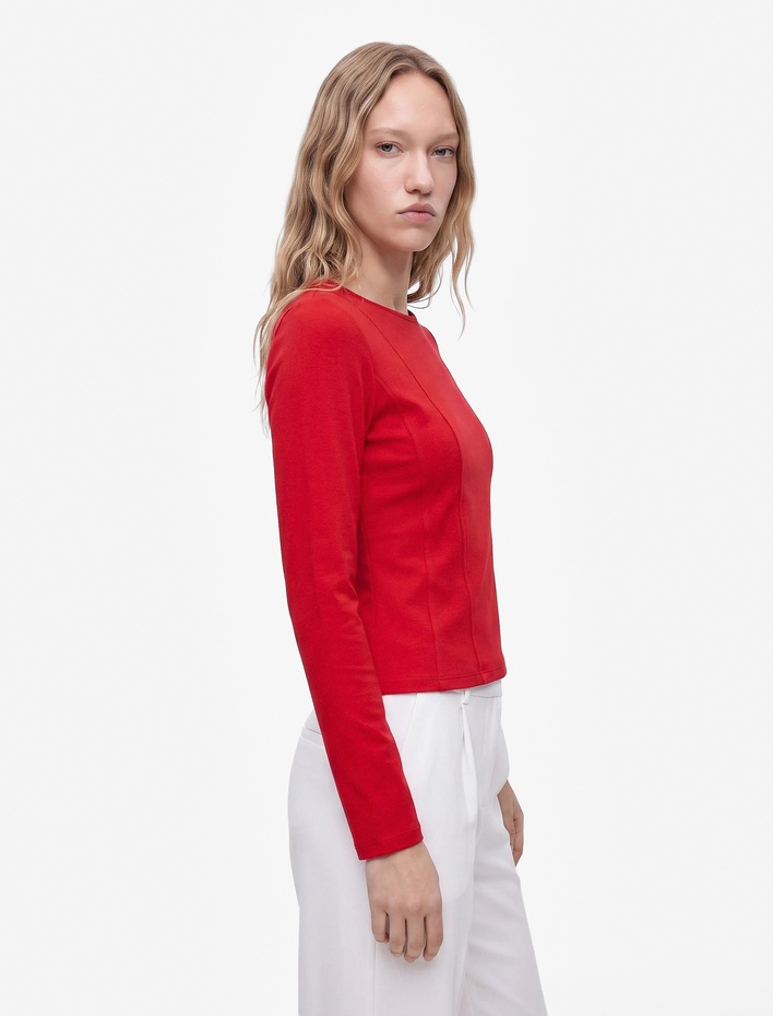  Pamuklu Slim Fit Korse Detaylı Kayık Yaka Uzun Kollu Tişört