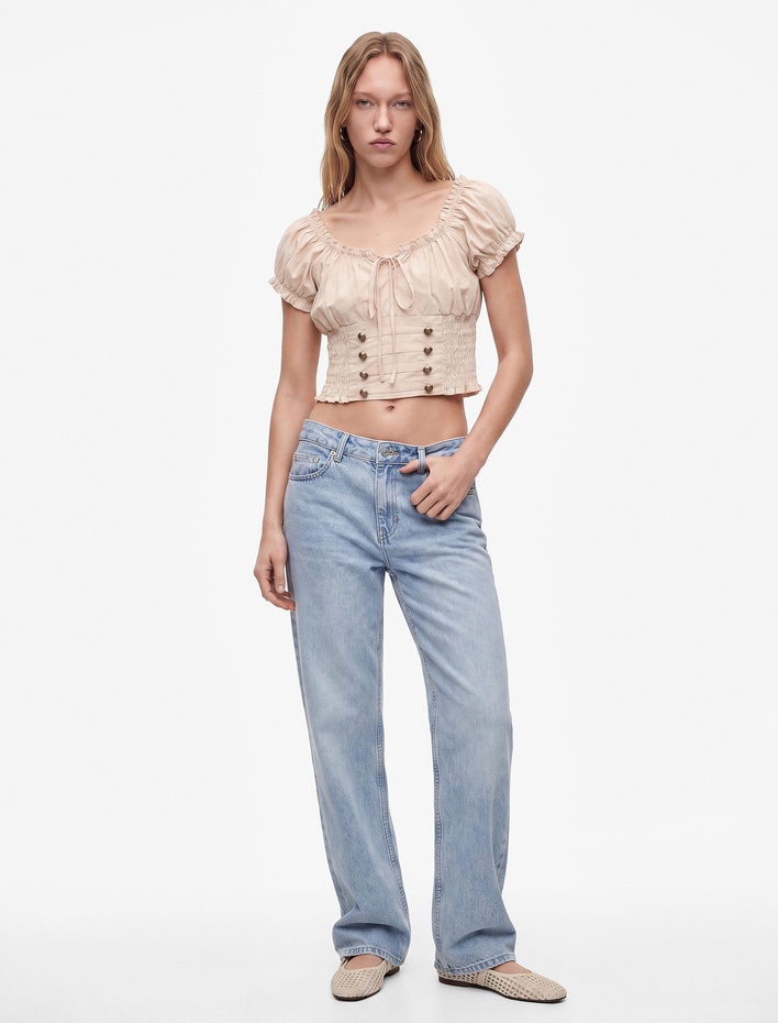  Gipeli Düğme Detaylı Slim Fit Kayık Yaka Balon Kollu Poplin Crop Bluz